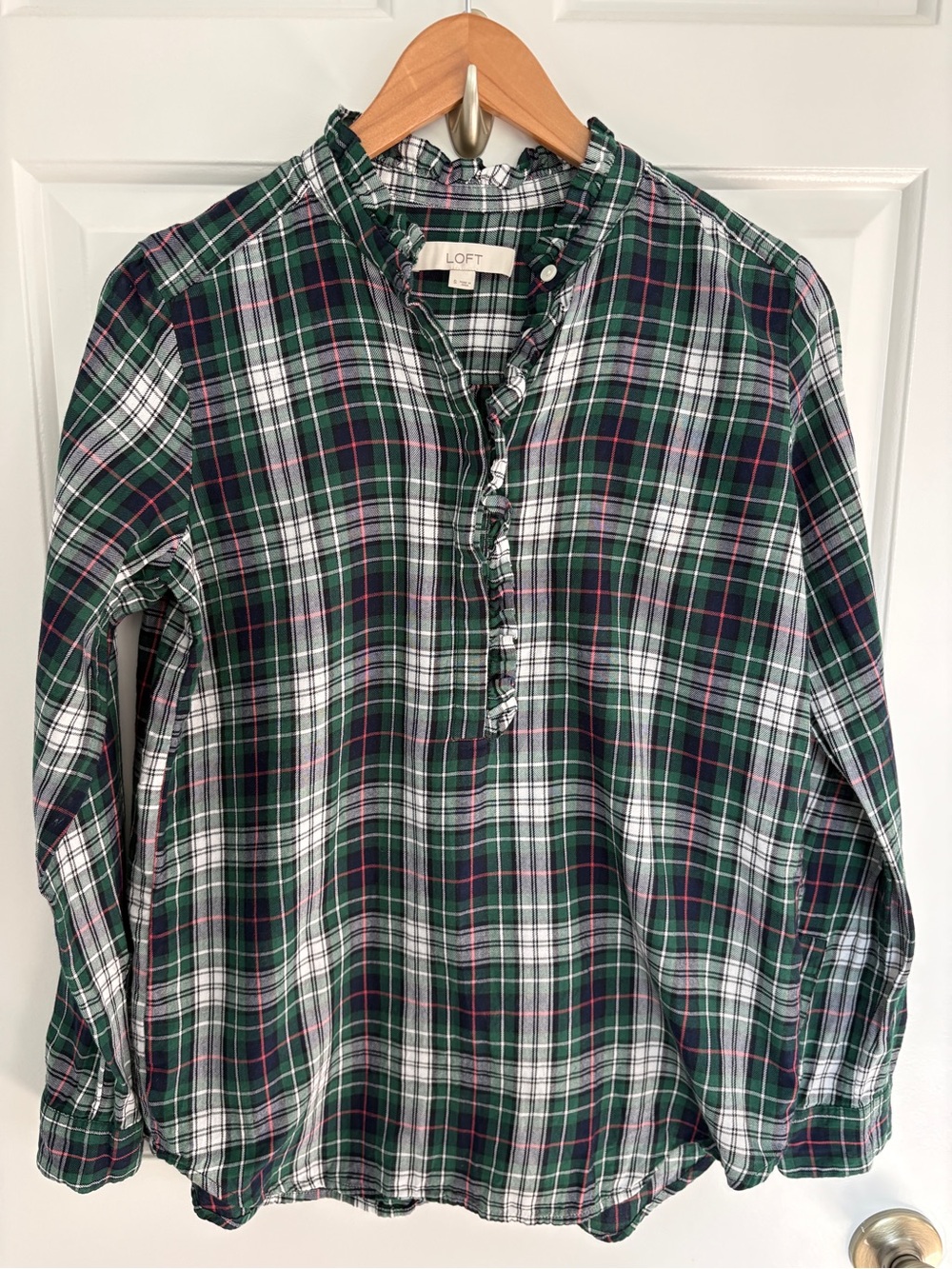LOFT Green Plaid Flannel Ruffle Small Blouse with Pink & Navy Accents